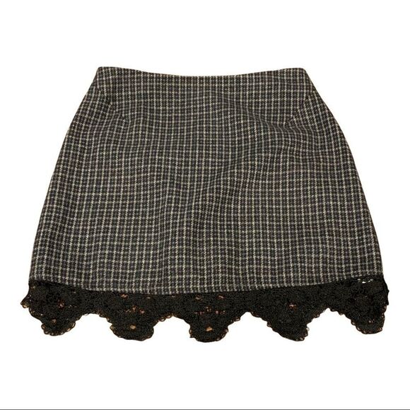 TOPSHOP Mini Skirt Plaid Preppy Harajuku Academia Lace Hem Black Tan Grey 4 - Picture 1 of 5